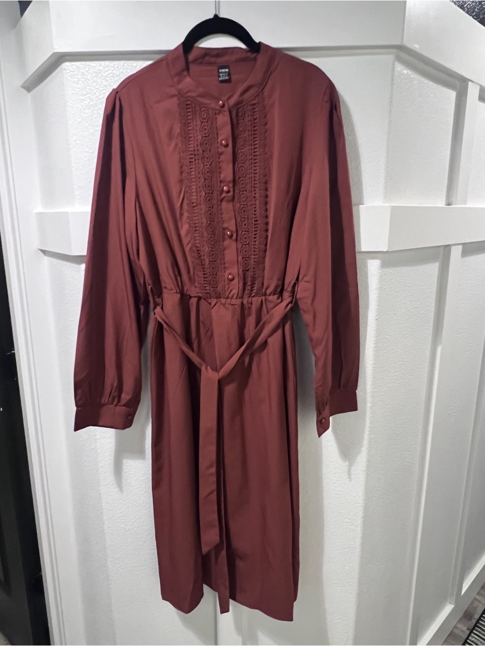 SHEIN Rust Red Long-Sleeve Button Front Tie-Waist Dress